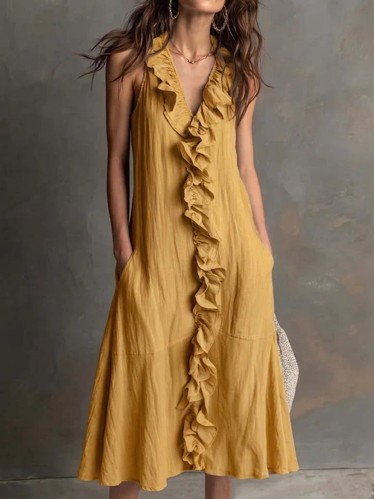 Cotton-Linen V-Neck Maxi Dress