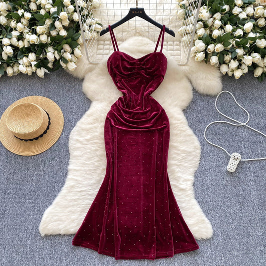 Socialite Pleated Waist Tight Suspender Dress
