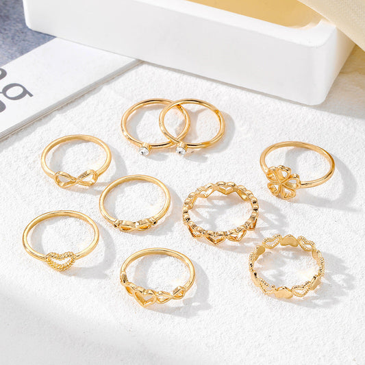 Gold Color Heart Rings 9pcs Set