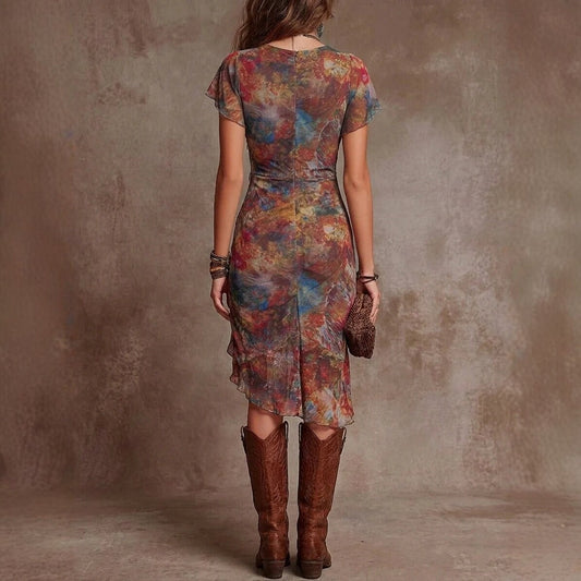 Slim-fit Printed V-neck Defined-waist Dress