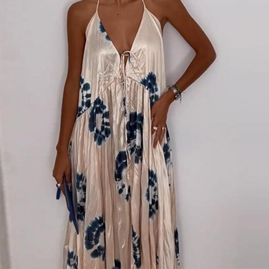 Deep V Halter Lace-up Backless Long Dress