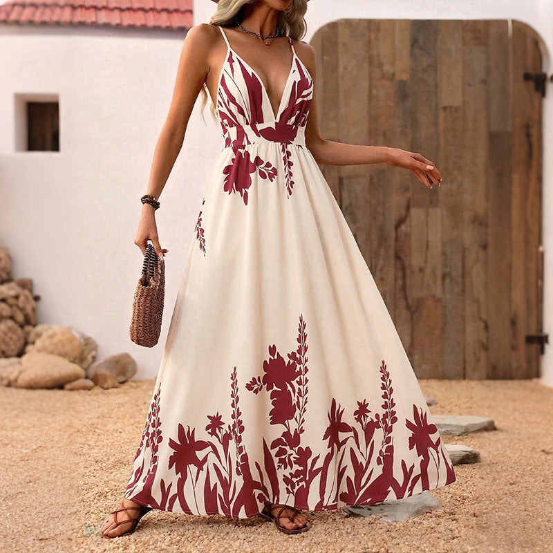 Floral Print Strap Backless Maxi Dress