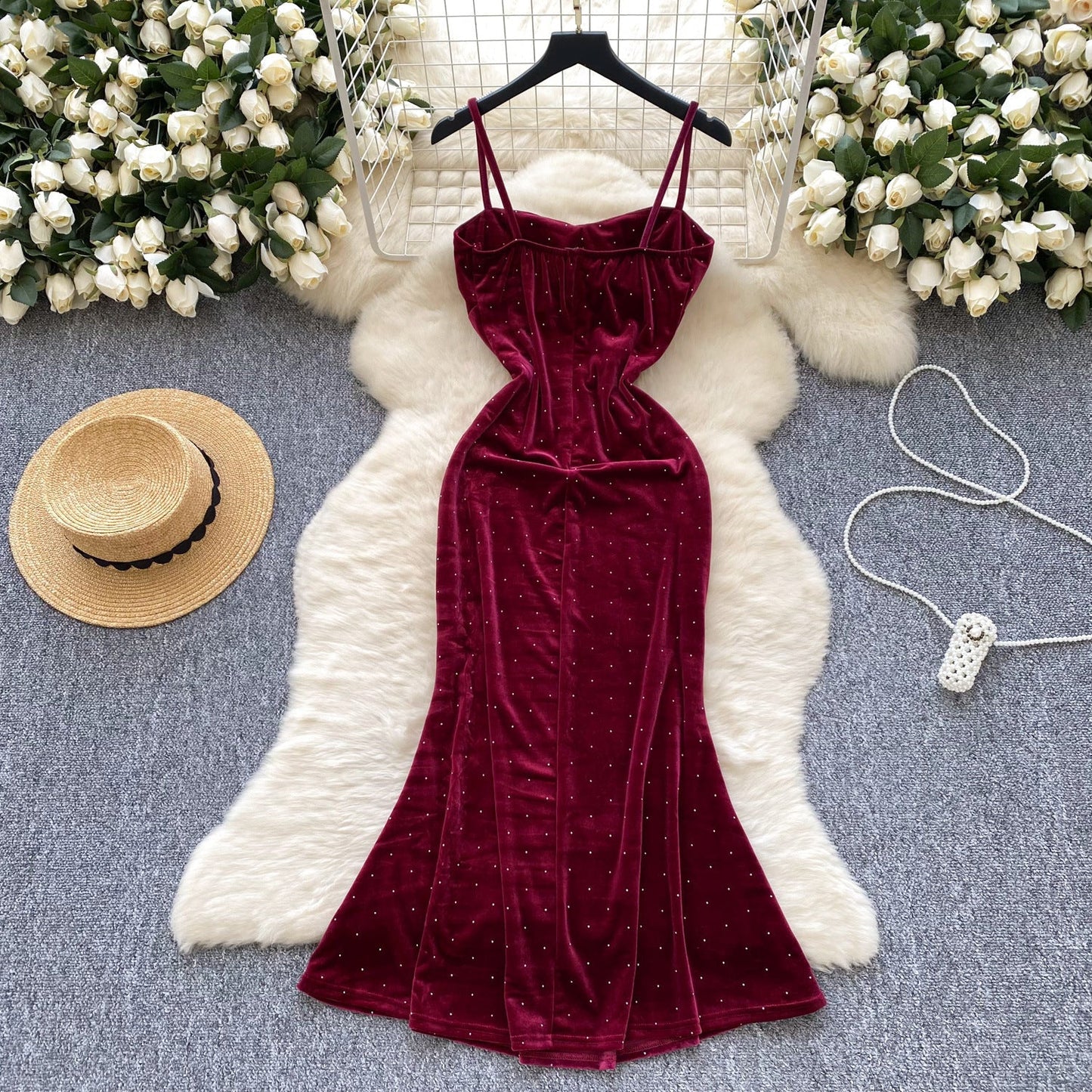 Socialite Pleated Waist Tight Suspender Dress