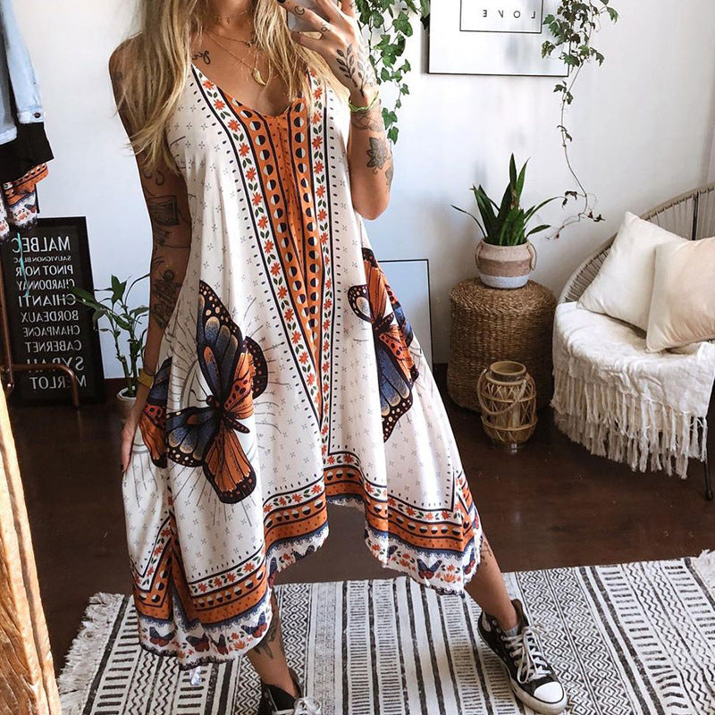 Butterfly Printed Backless Irregular Dress