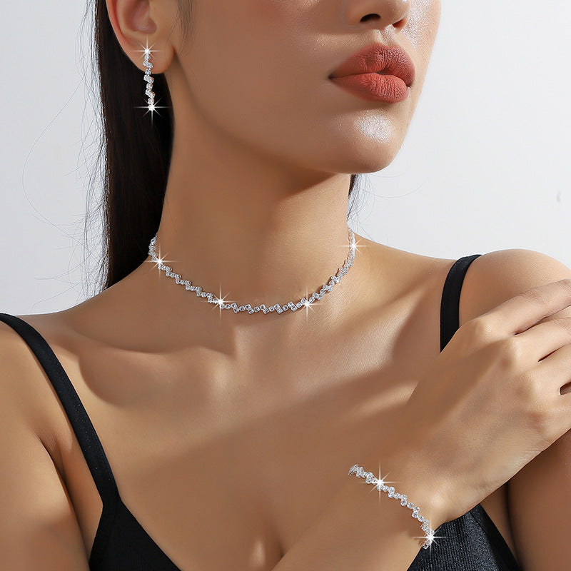 Zircon Necklace Earrings And Bracelet Setthree-piece Set