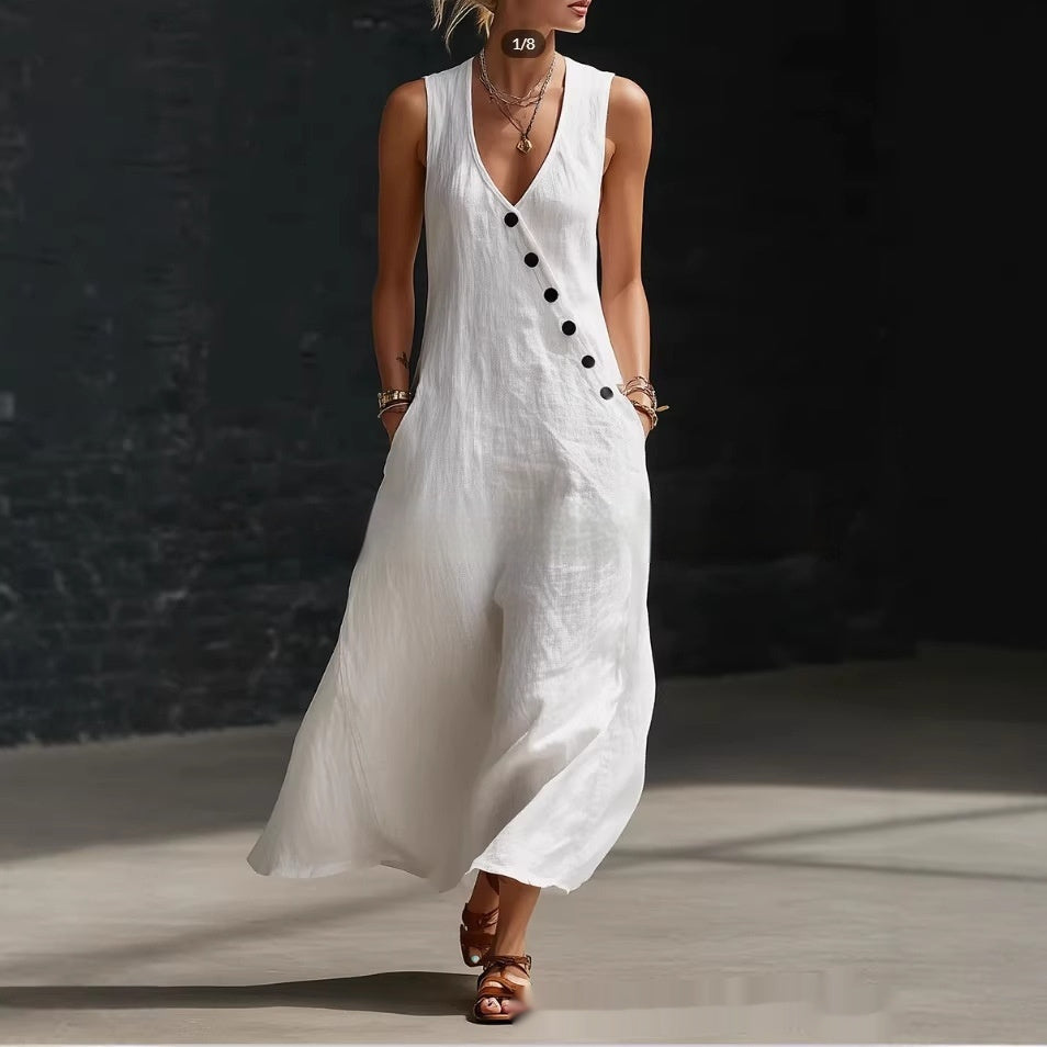Solid-Color Buttoned Tank Dress
