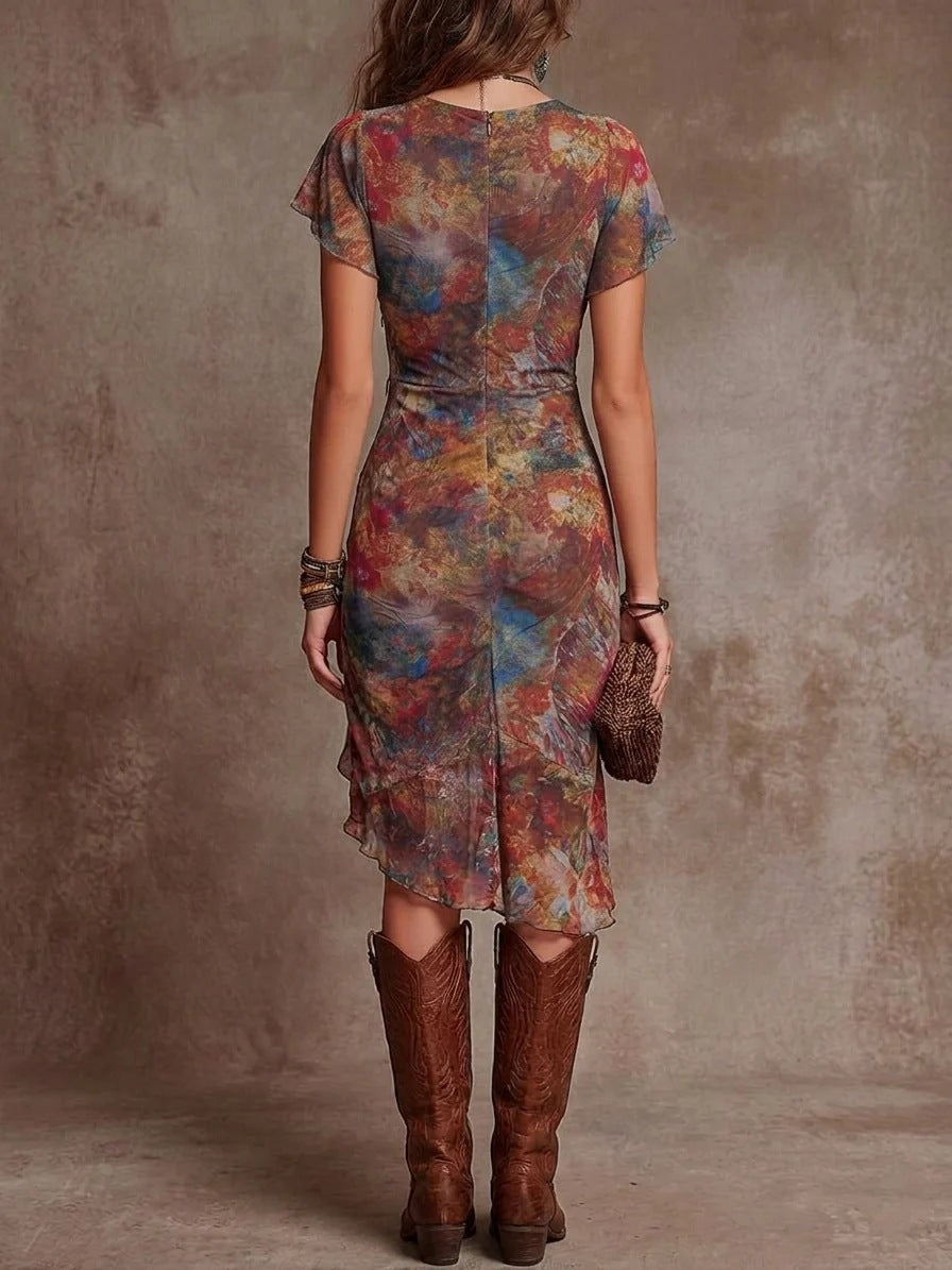Slim-fit Printed V-neck Defined-waist Dress