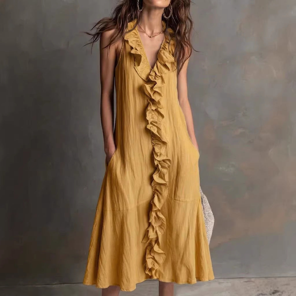 Cotton-Linen V-Neck Maxi Dress