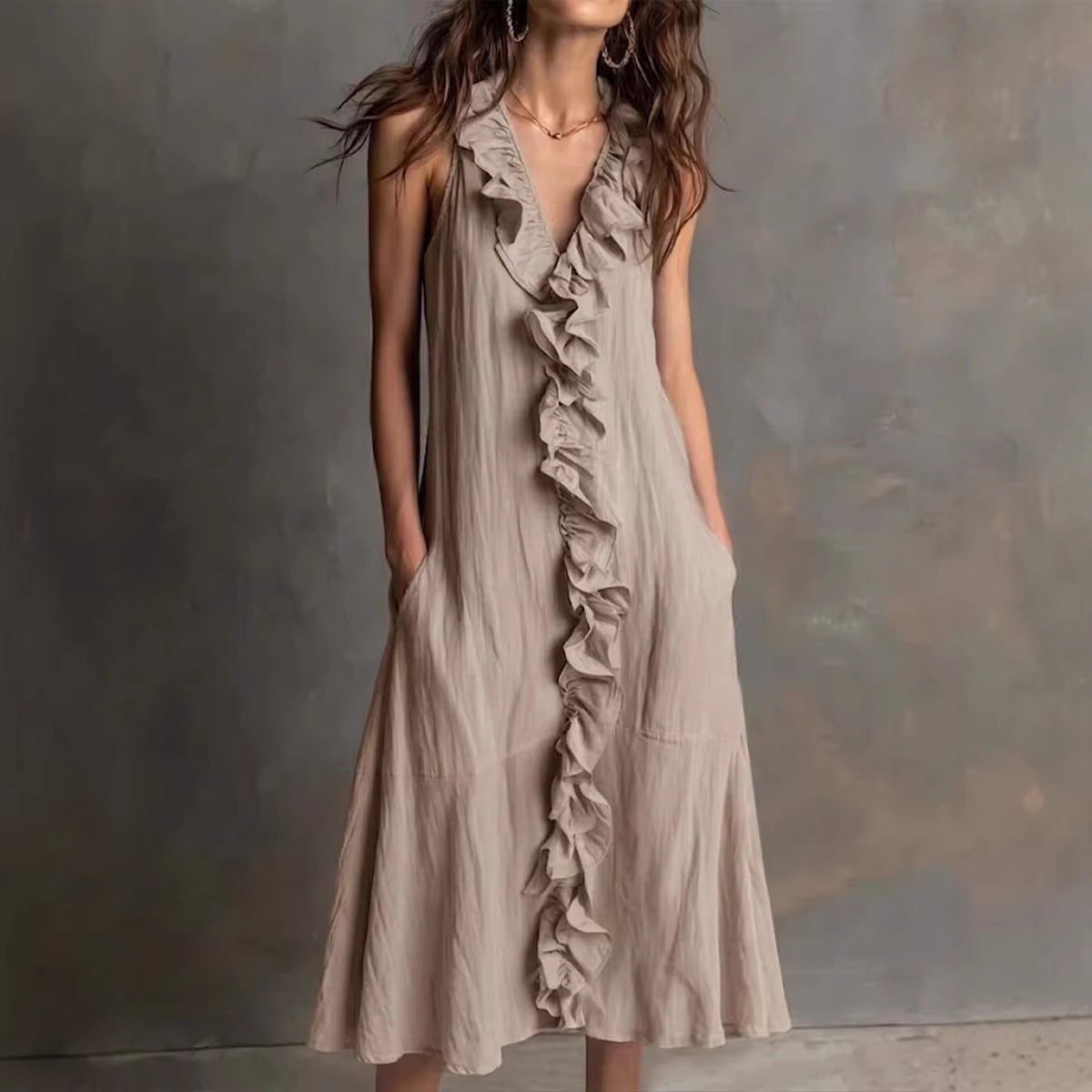 Cotton-Linen V-Neck Maxi Dress