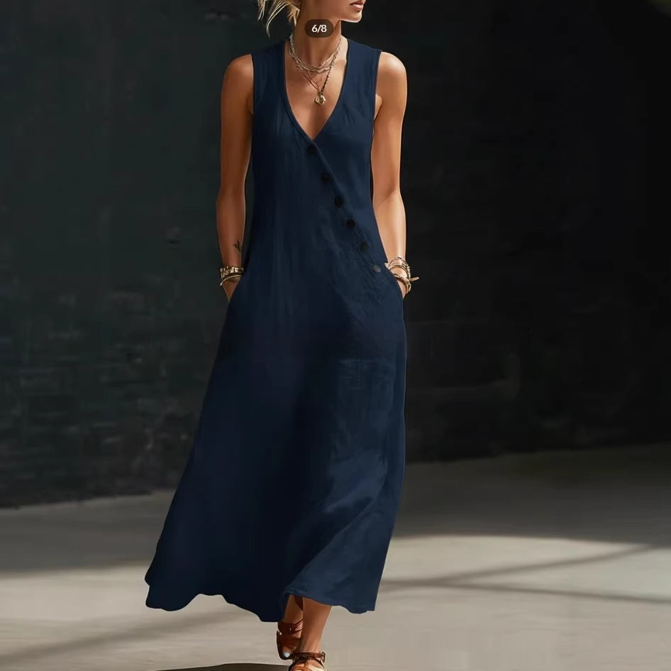 Solid-Color Buttoned Tank Dress