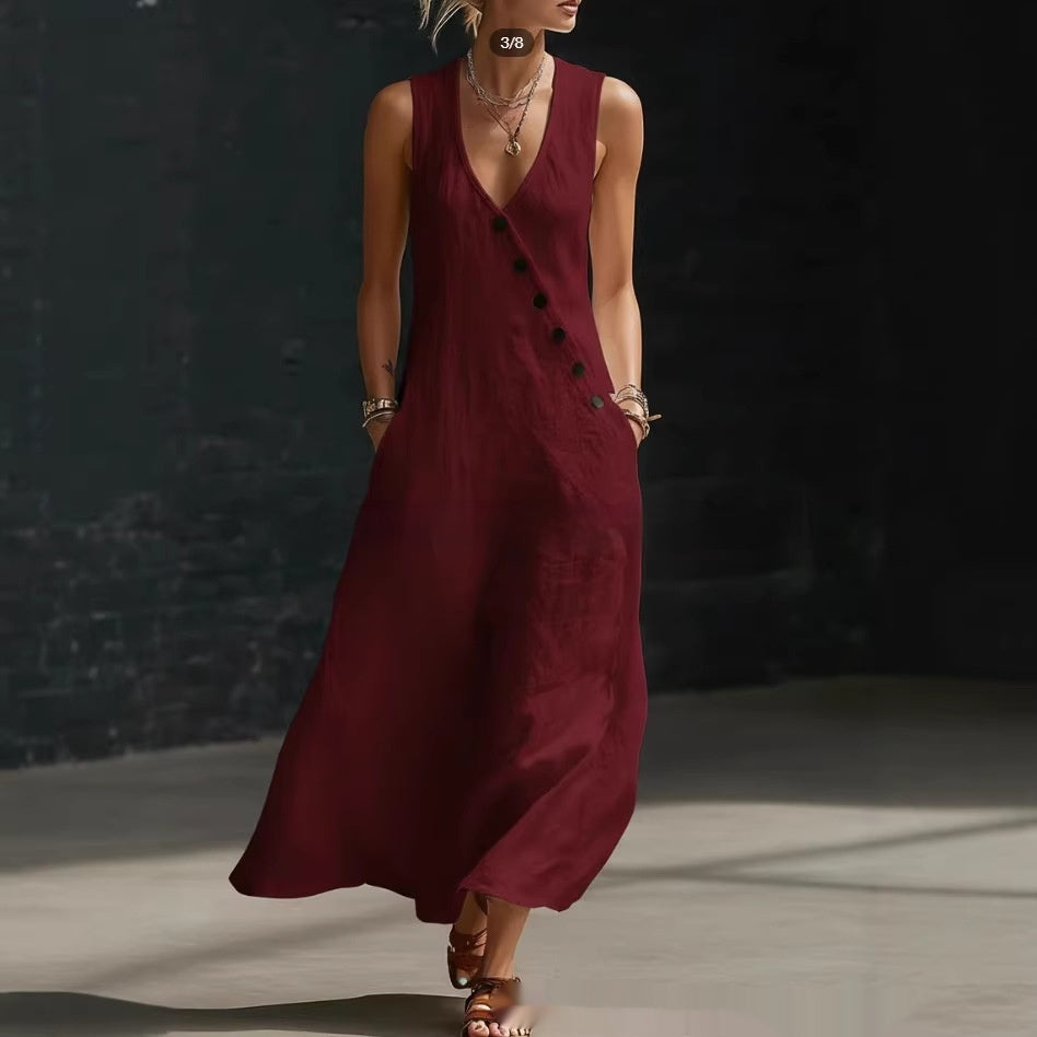 Solid-Color Buttoned Tank Dress
