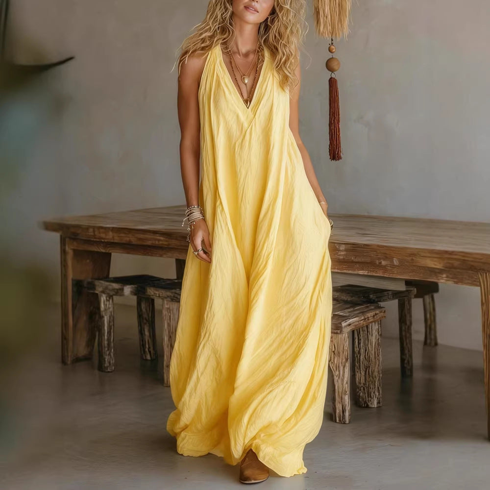 Vest V-neck Long Dress With Front Pockets
