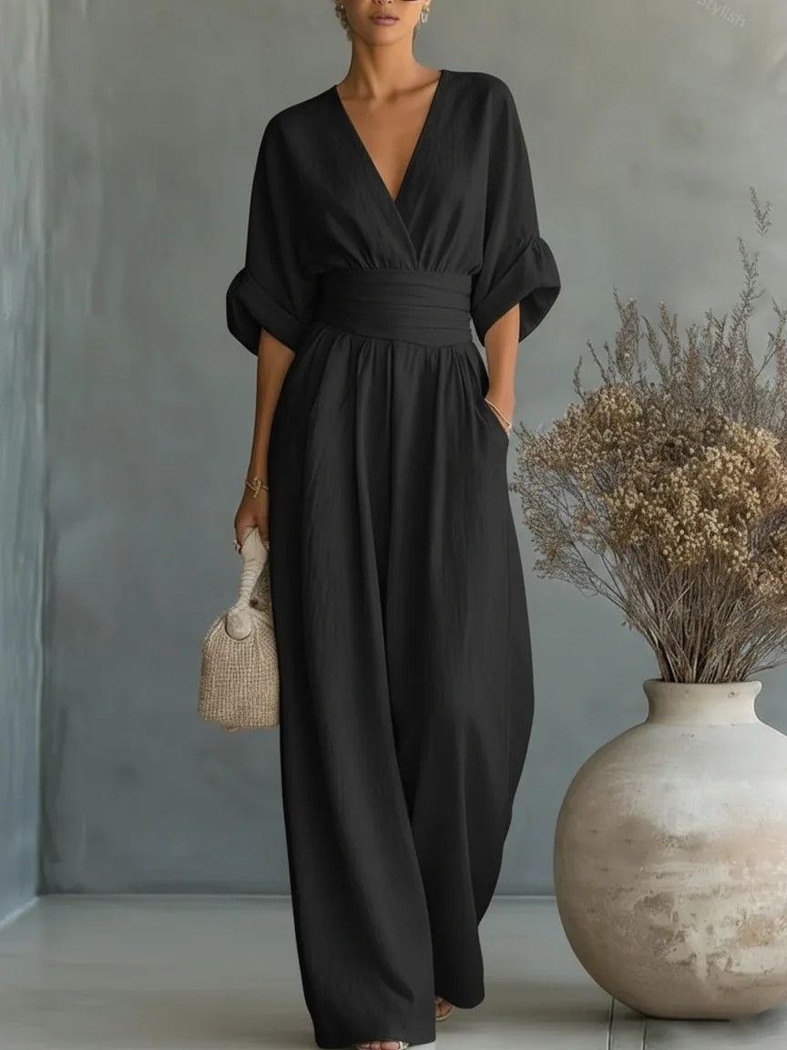 Waist-cinching V-neck Elegant Womens Jumpsuit