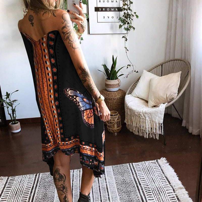 Butterfly Printed Backless Irregular Dress