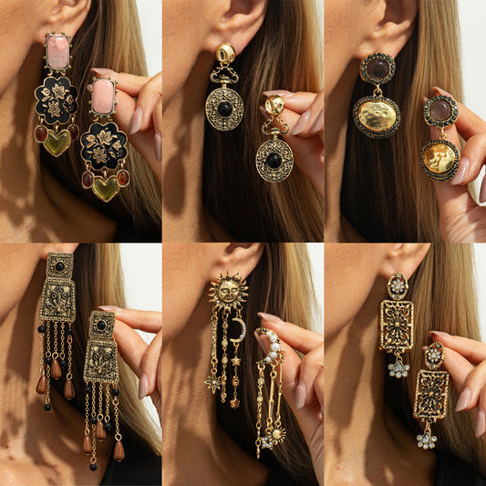 Hollow Floral Encrusted Long Tassel Earrings