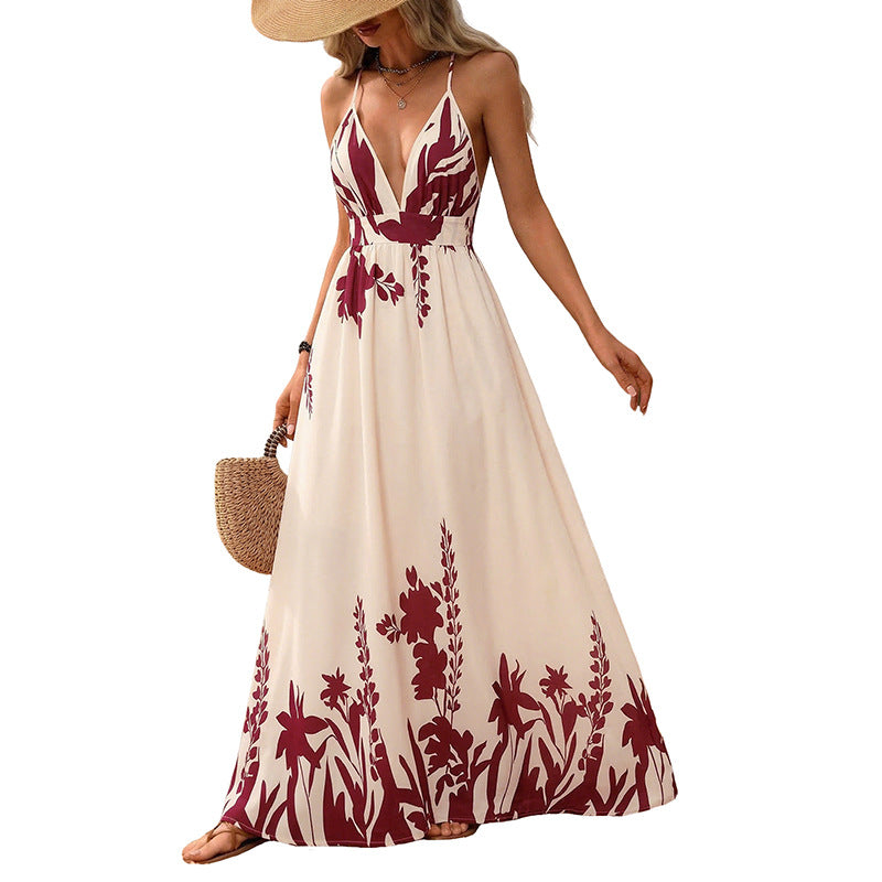 Floral Print Strap Backless Maxi Dress