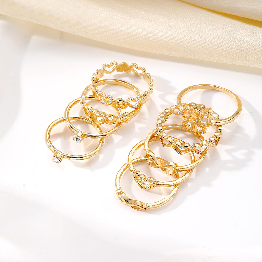 Gold Color Heart Rings 9pcs Set