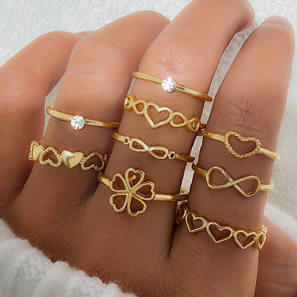 Gold Color Heart Rings 9pcs Set