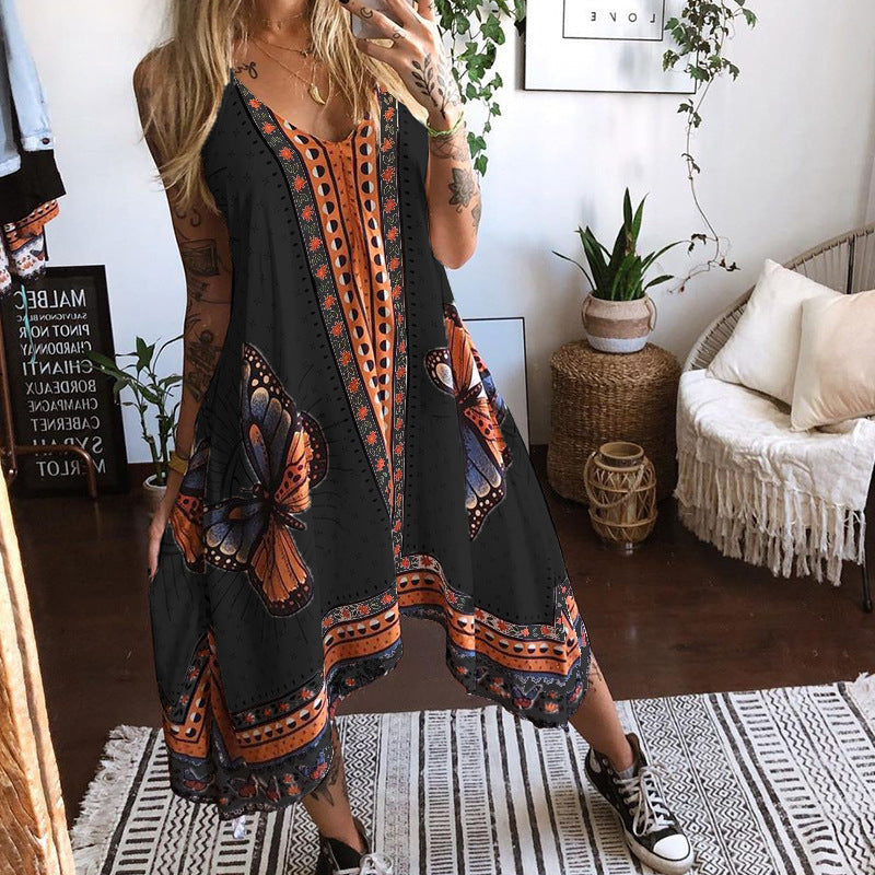 Butterfly Printed Backless Irregular Dress