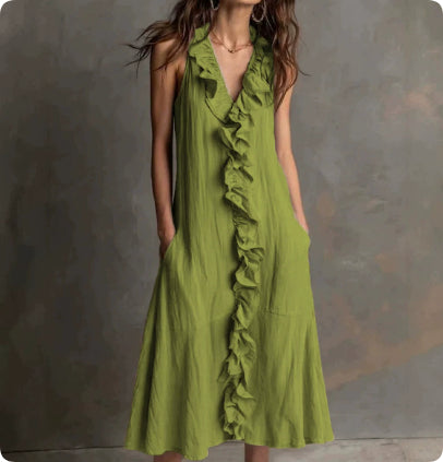 Cotton-Linen V-Neck Maxi Dress