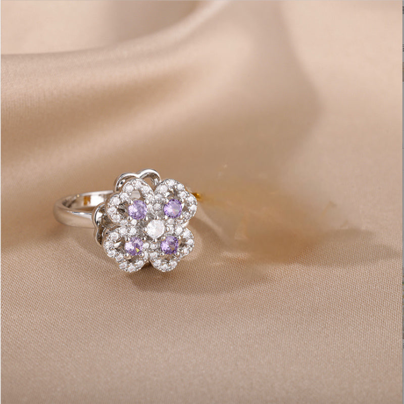 Golden Clover Rotate Rings For Women,Zircon Stainless Steel Open Adjustable Ring Golden Gift Jewelry