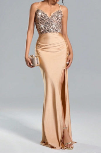 Suspended Backless High Waisted Sequin Patchwork High Slit Long Skirt Dress