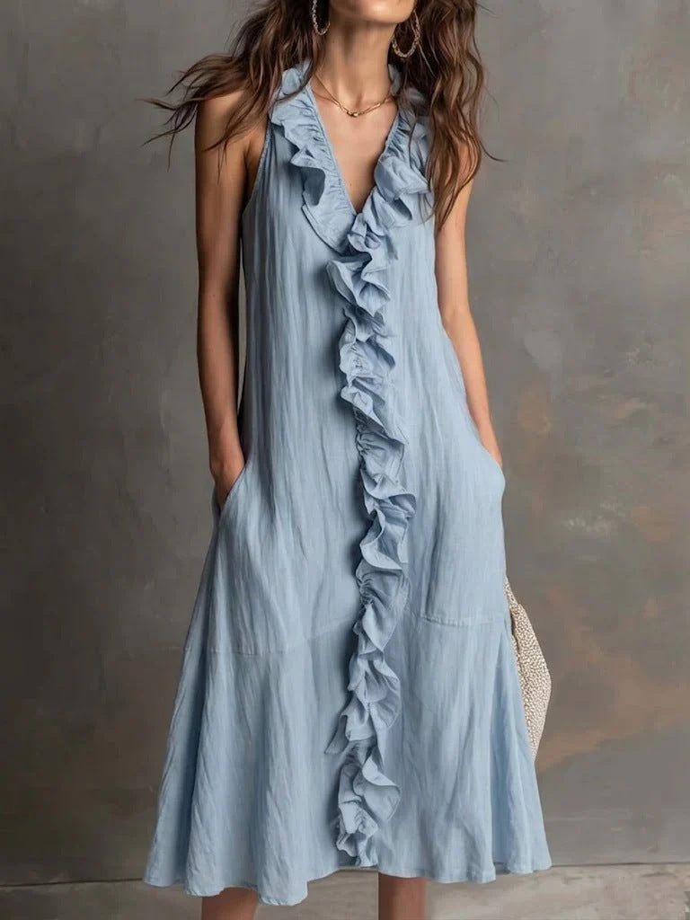 Cotton-Linen V-Neck Maxi Dress
