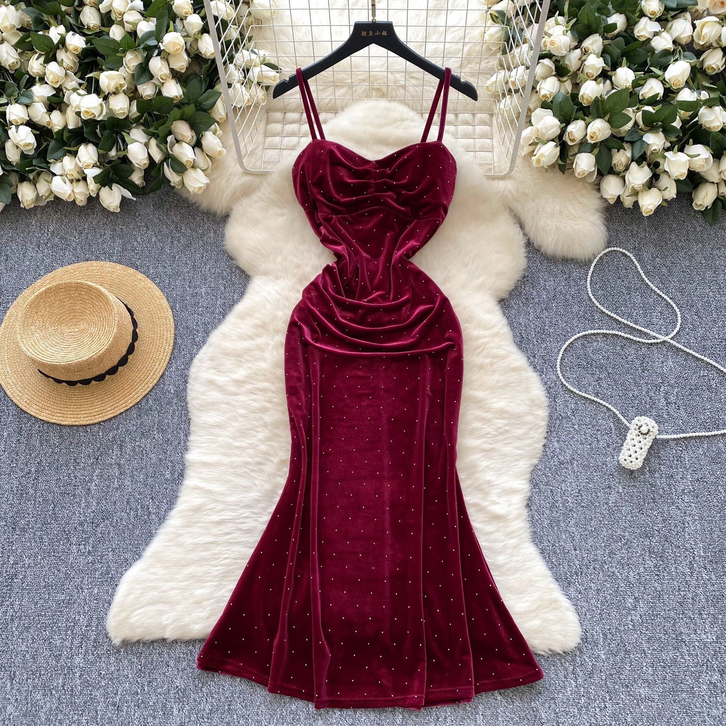 Socialite Pleated Waist Tight Suspender Dress
