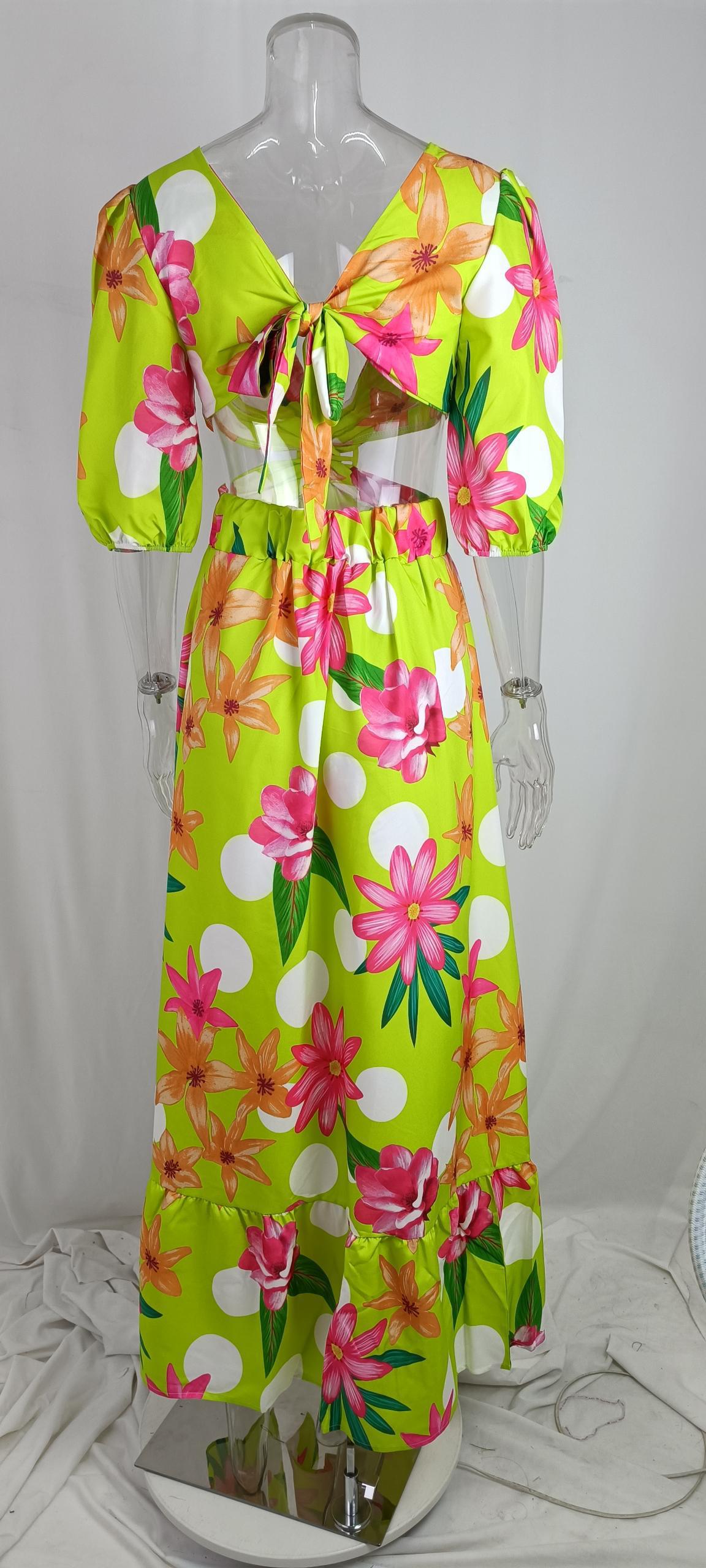 V-neck Split Retro Colored Printing Long Dress
