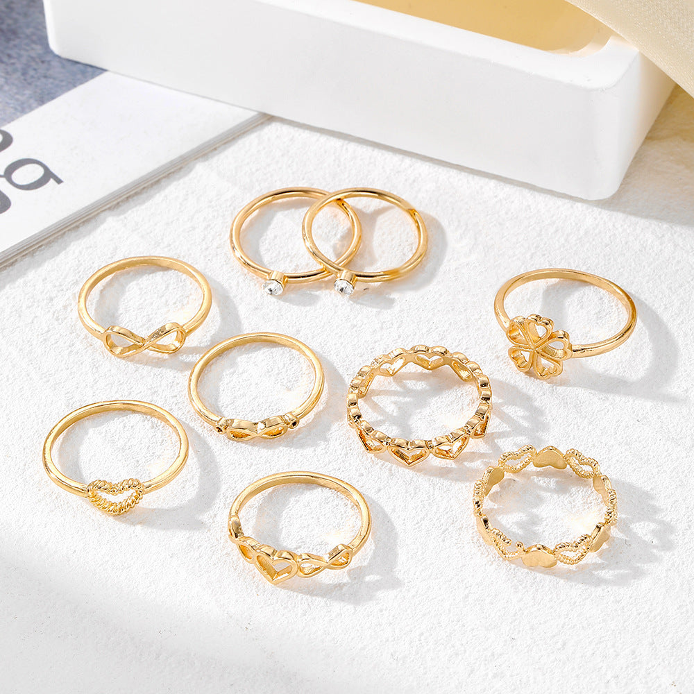 Gold Color Heart Rings 9pcs Set