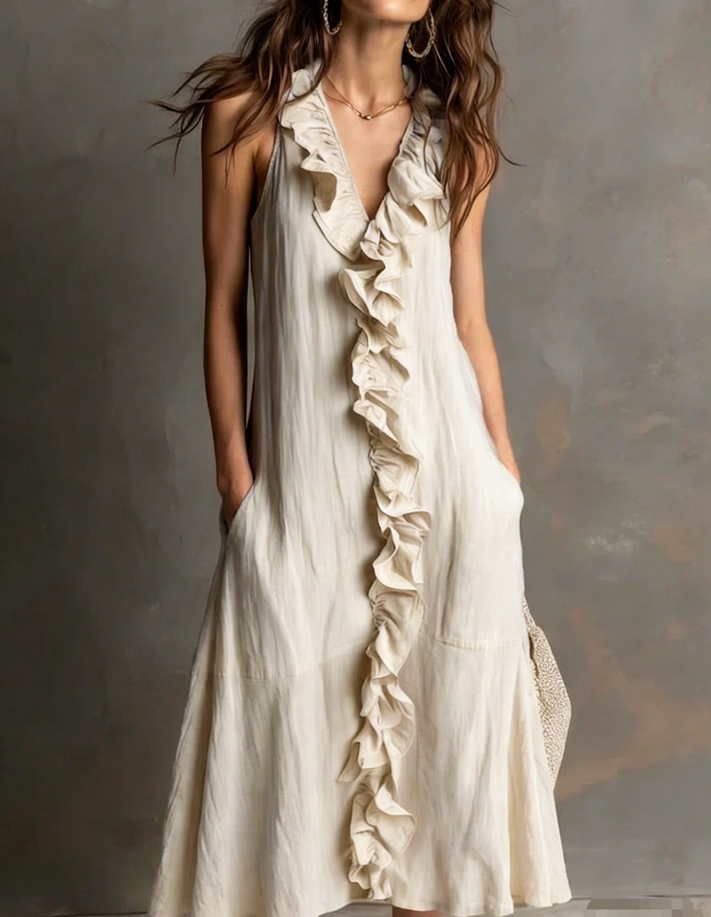 Cotton-Linen V-Neck Maxi Dress