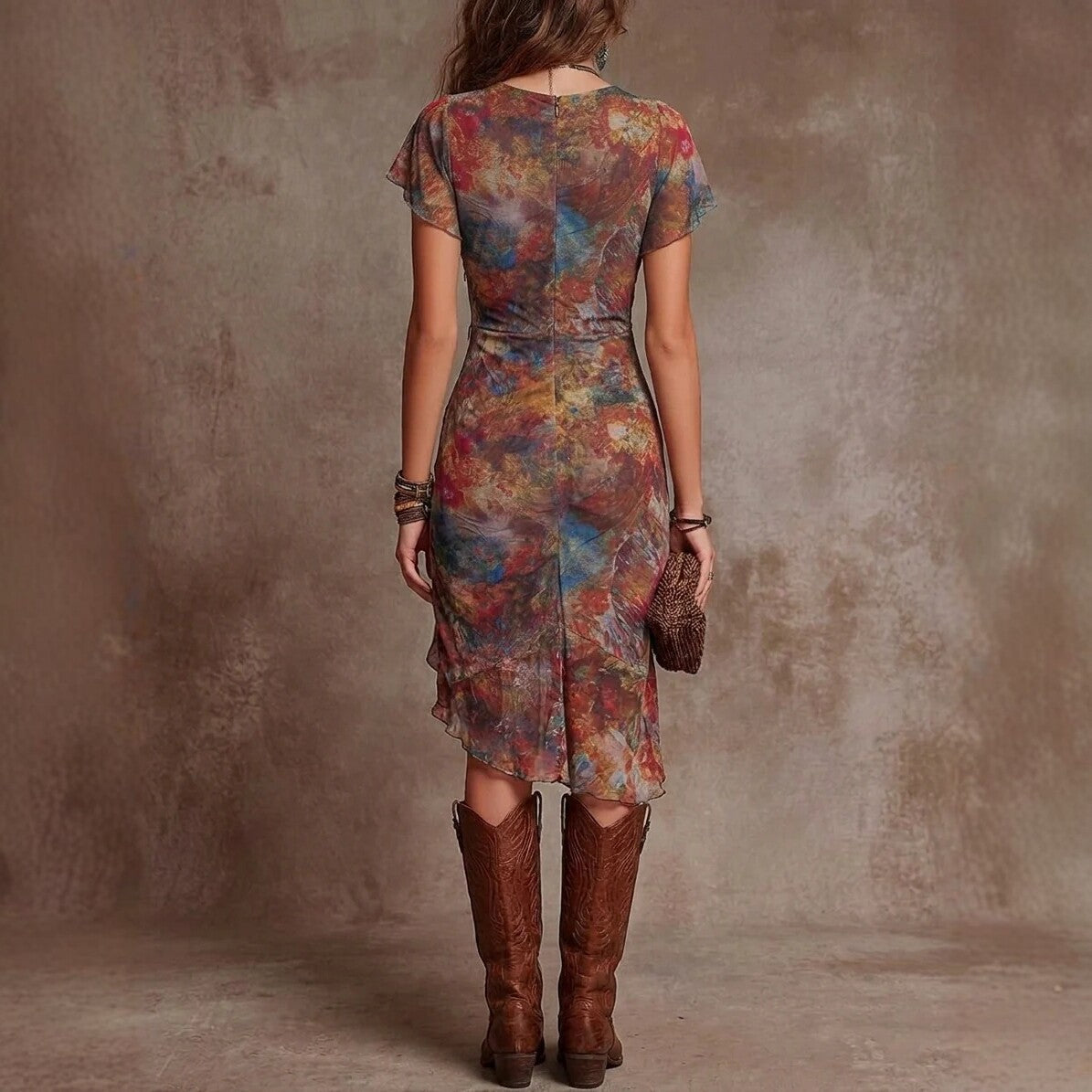 Slim-fit Printed V-neck Defined-waist Dress