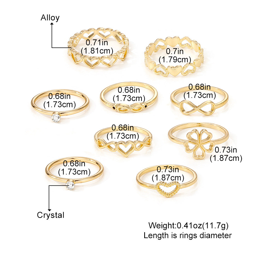 Gold Color Heart Rings 9pcs Set