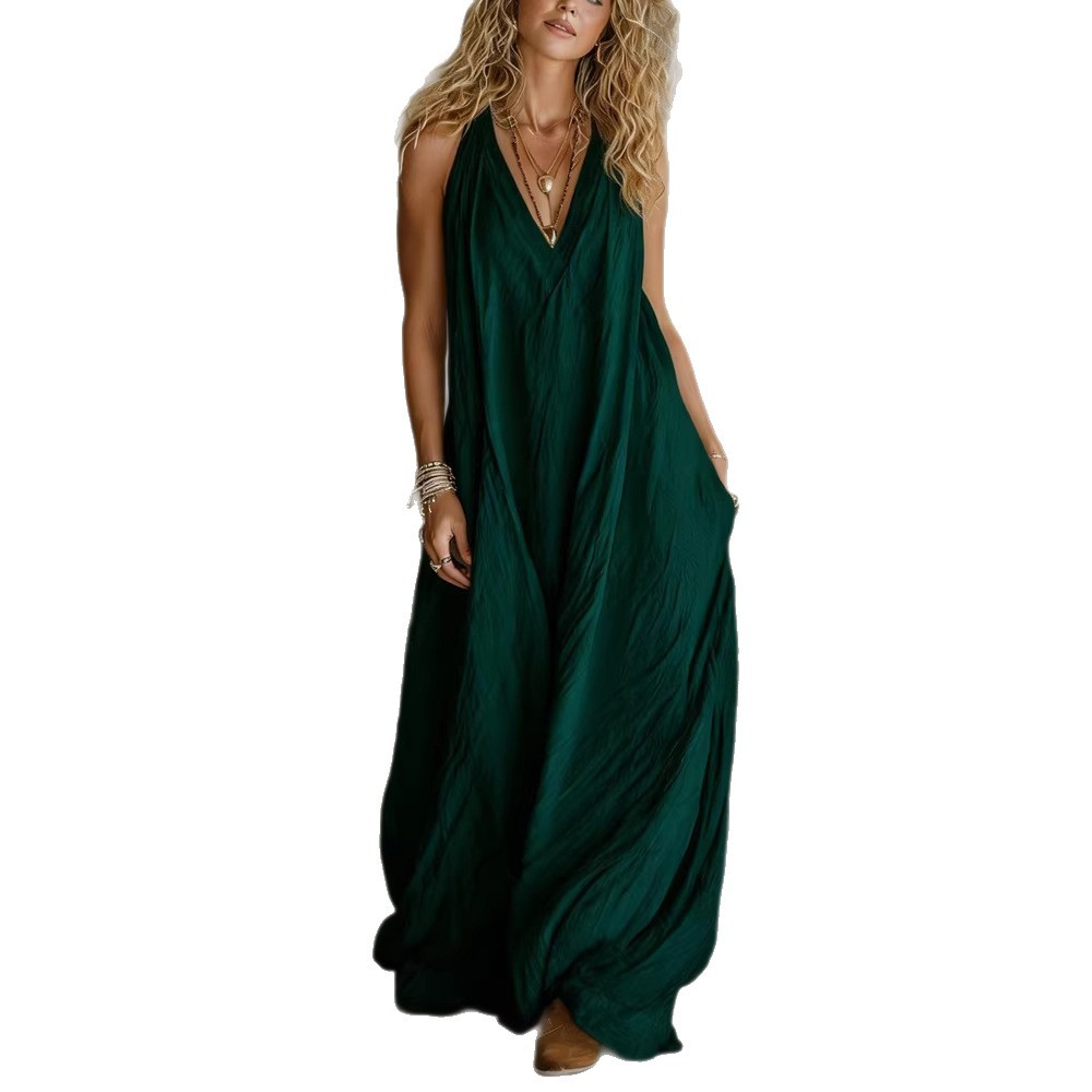 Vest V-neck Long Dress With Front Pockets