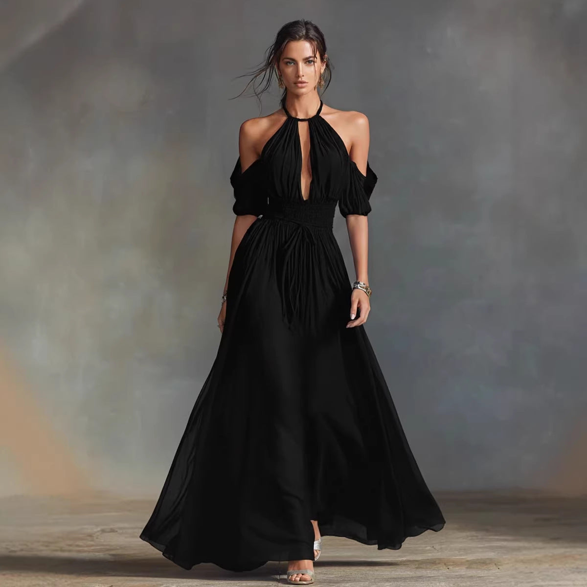 Solid-Colored Halter Maxi Dress