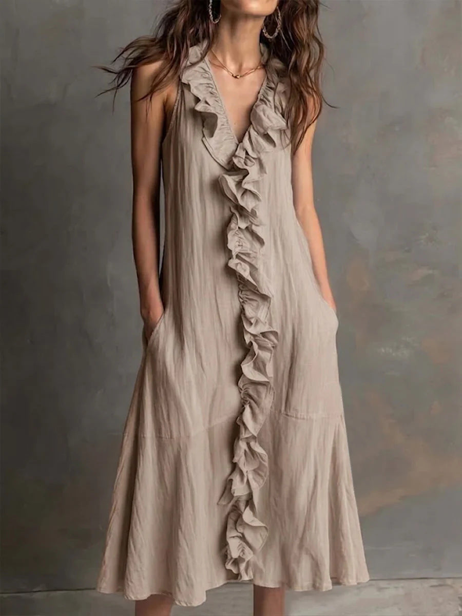 Cotton-Linen V-Neck Maxi Dress