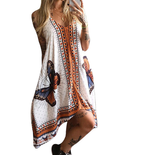 Butterfly Printed Backless Irregular Dress