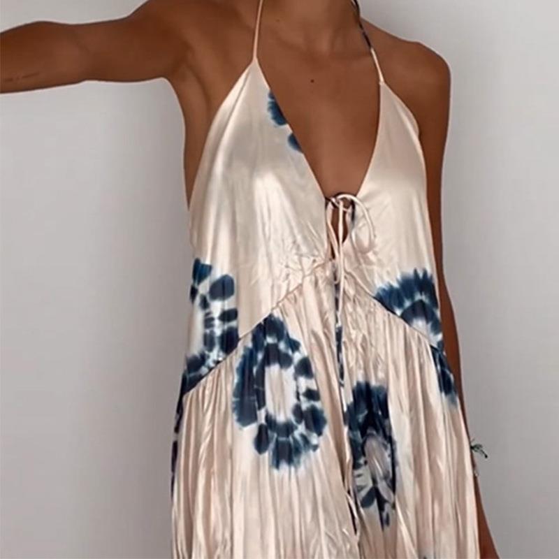 Deep V Halter Lace-up Backless Long Dress
