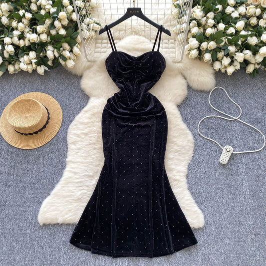 Socialite Pleated Waist Tight Suspender Dress
