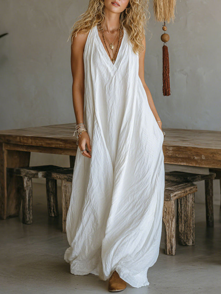 Vest V-neck Long Dress With Front Pockets