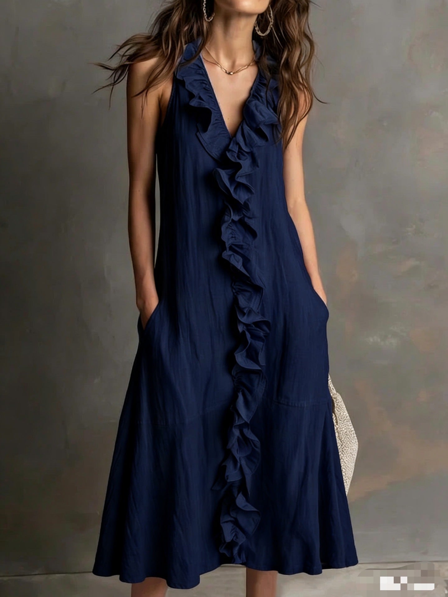 Cotton-Linen V-Neck Maxi Dress