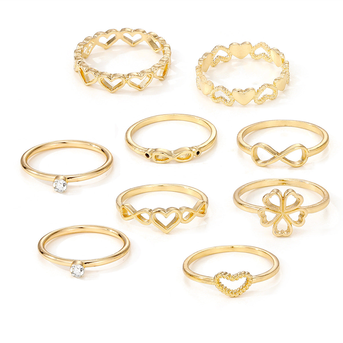 Gold Color Heart Rings 9pcs Set