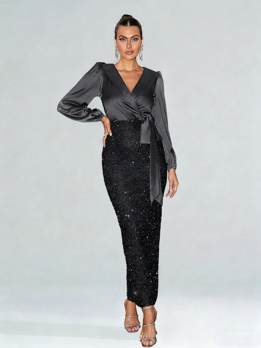 Surplice Neck Knot Side Split Back Sequin Dress