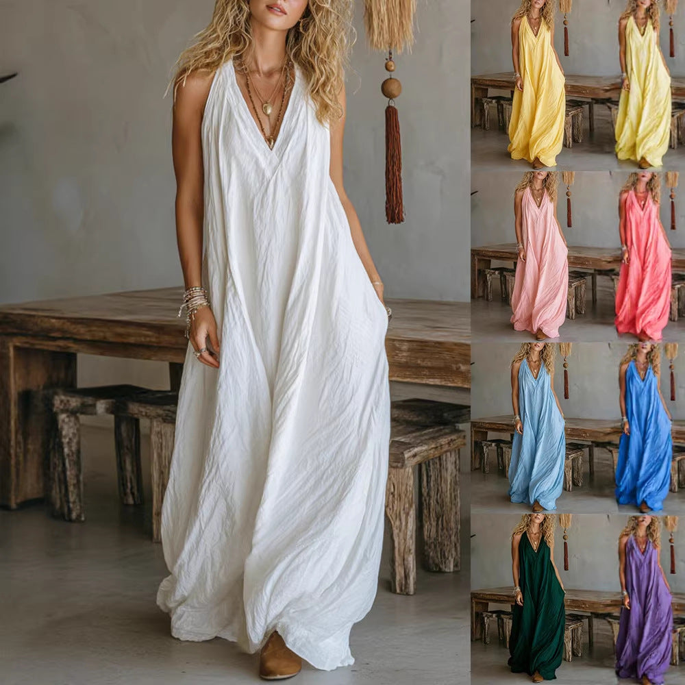 Vest V-neck Long Dress With Front Pockets
