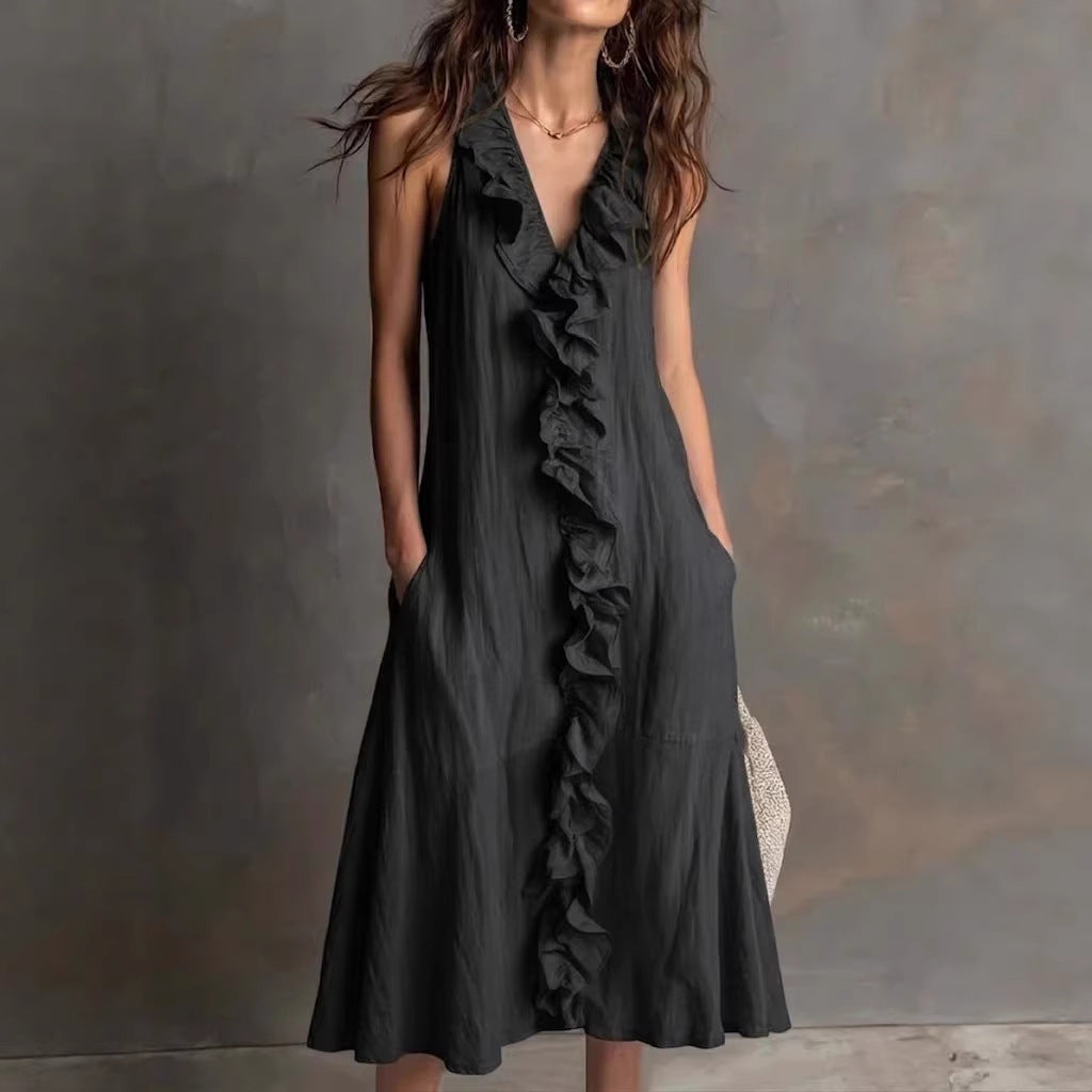Cotton-Linen V-Neck Maxi Dress