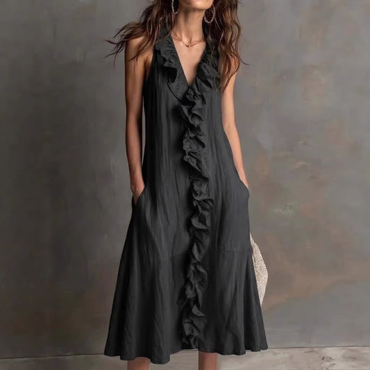 Cotton-Linen V-Neck Maxi Dress