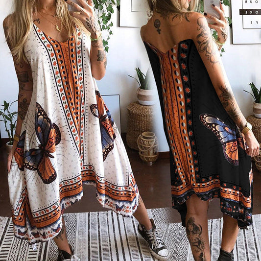 Butterfly Printed Backless Irregular Dress
