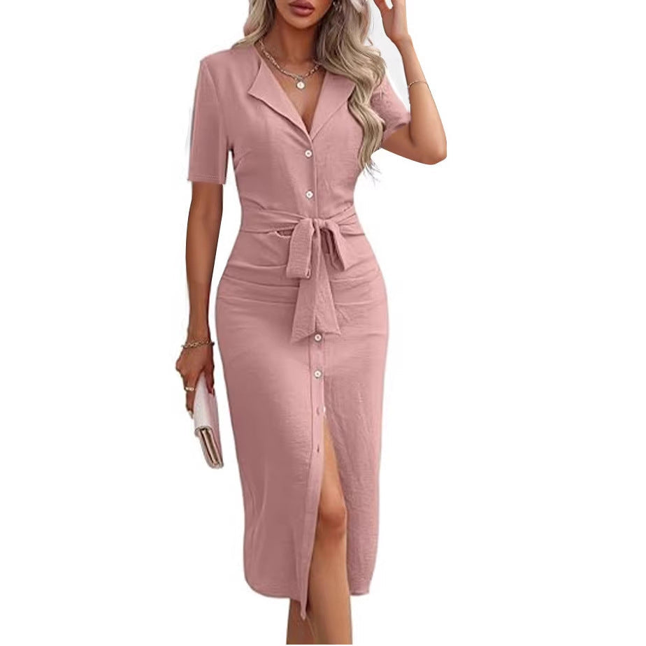 Lapel Defined Waistline Lace Up Split Dress