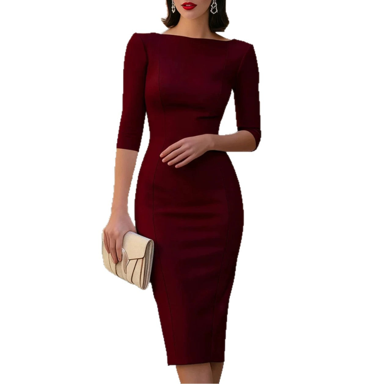Three-quarter-sleeve Elegant Office-fit Sheath Dress