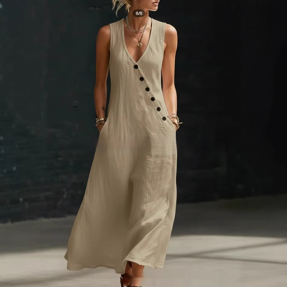 Solid-Color Buttoned Tank Dress